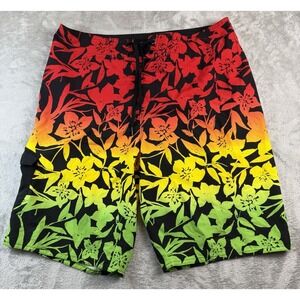 Hang Ten Board Shorts Mens 34 Swim Trunks Reggae Colors Hawaiian Floral Surf